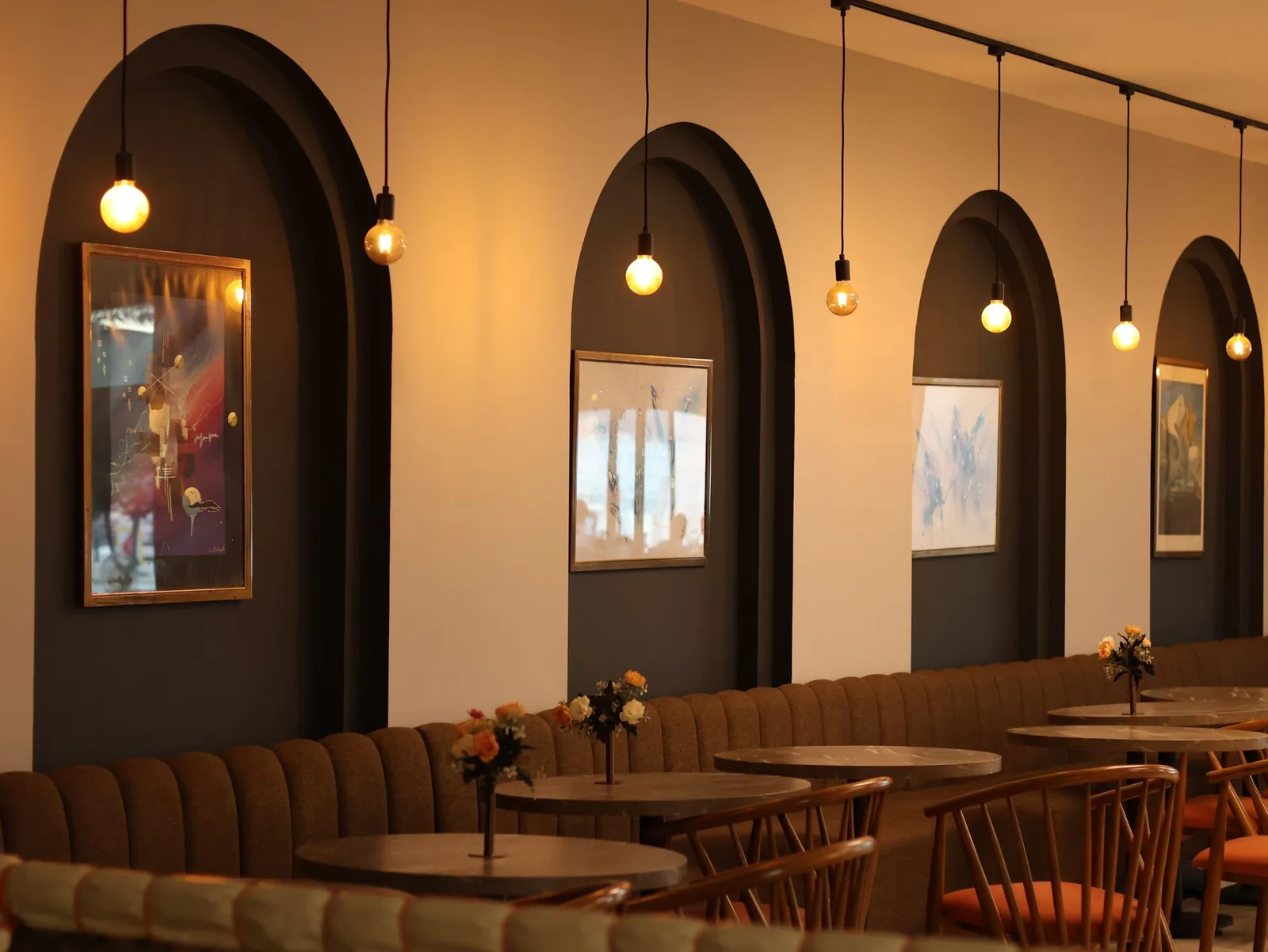 Cafe interior with warm pendant lights